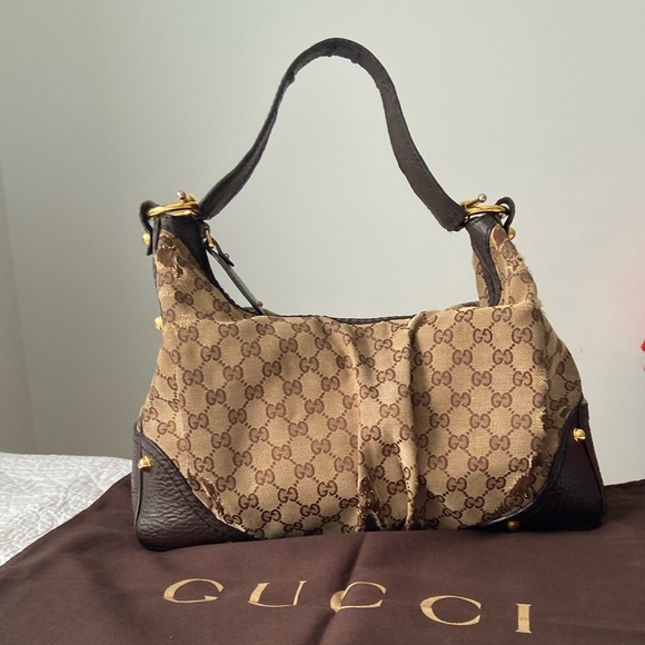 Gucci Handbags - Gucci Jockey GG Monogram Canvas Brown Pebbled Leather Hobo Shoulder Bag